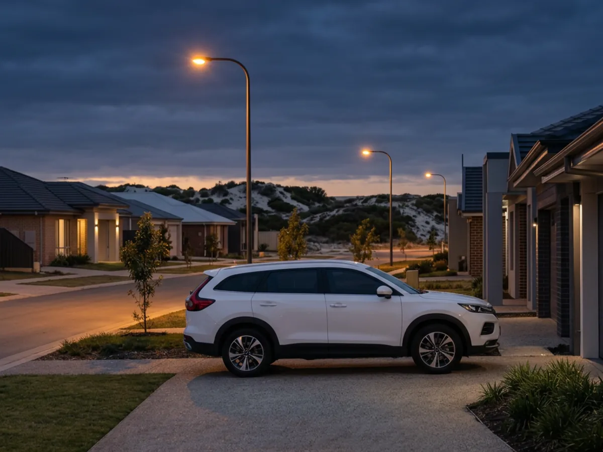 Illustrative white SUV in a driveway beside low coastal dunes and scrub before dawn