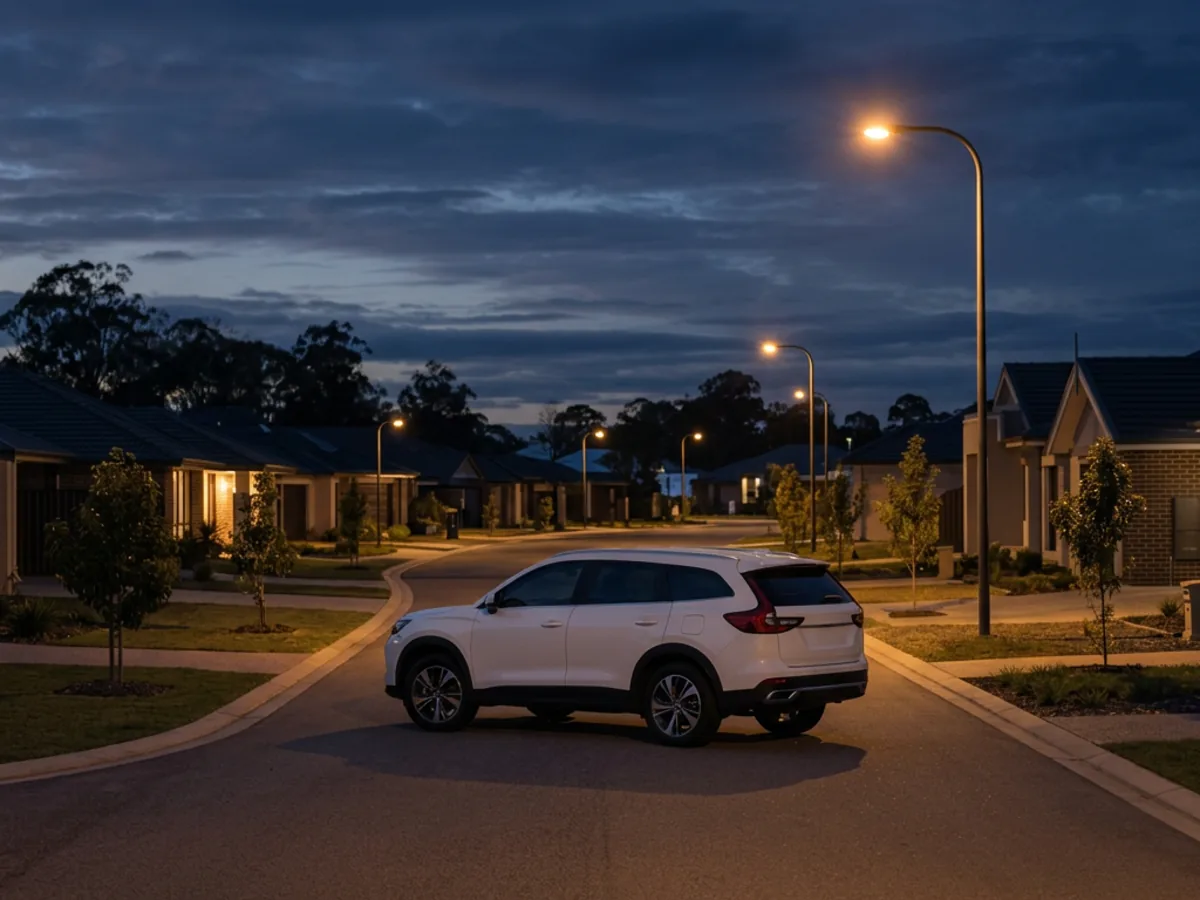 Illustrative white SUV driving away along a curved residential street under warm streetlights