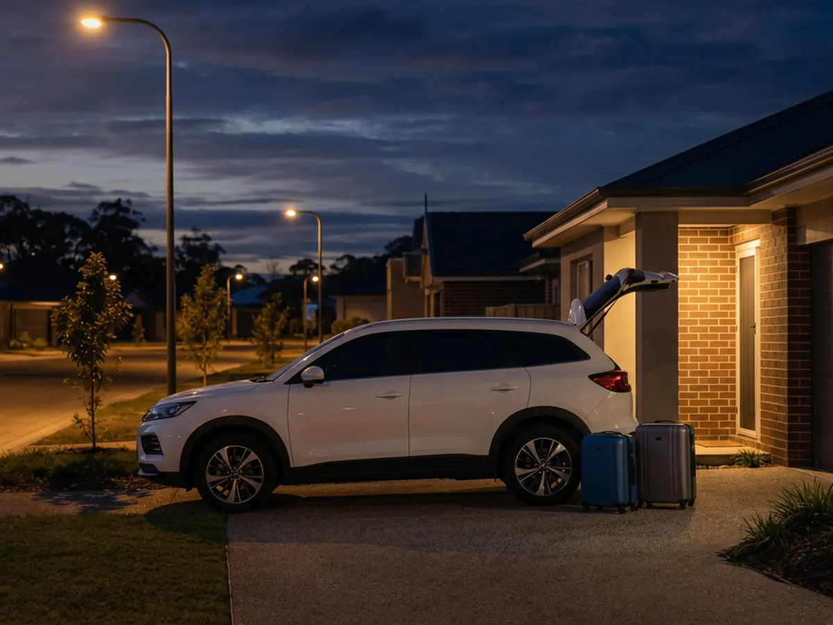 Illustrative white SUV with an open boot and luggage beside a warmly lit home before dawn