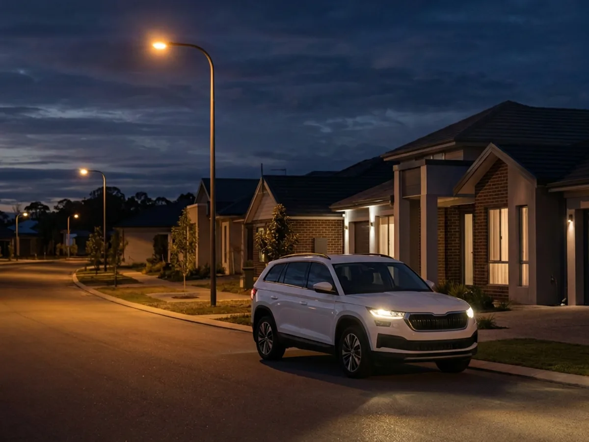 Illustrative white SUV parked at the kerb with headlights on before dawn