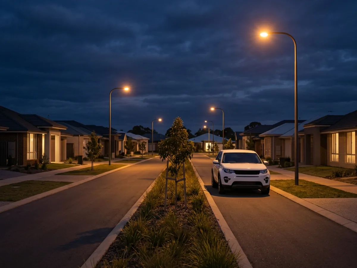 Illustrative white SUV at the kerb on a residential street with a planted median and young trees before dawn