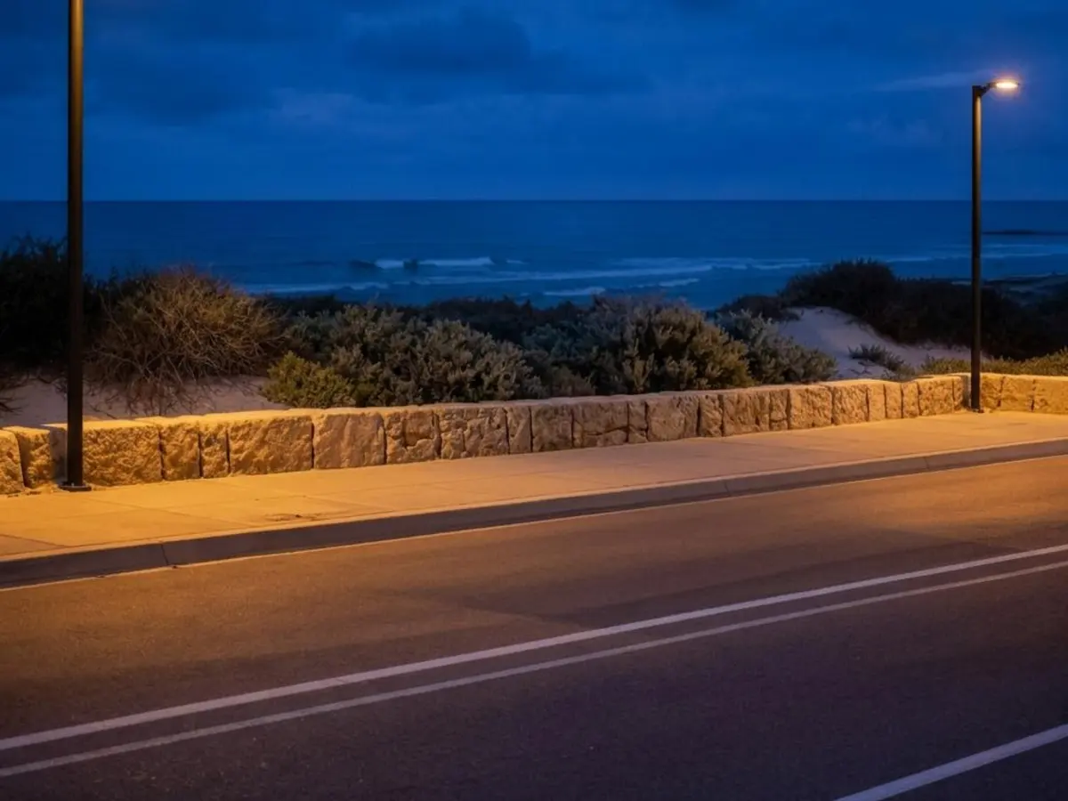 Illustrative pre-dawn coastal road with scrub-covered dunes, a limestone edge and ocean beyond