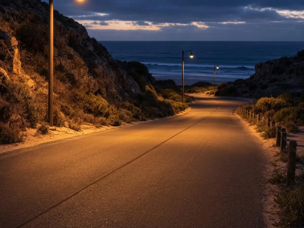 Illustrative coastal road between limestone and sandy dunes, with ocean views and warm streetlights