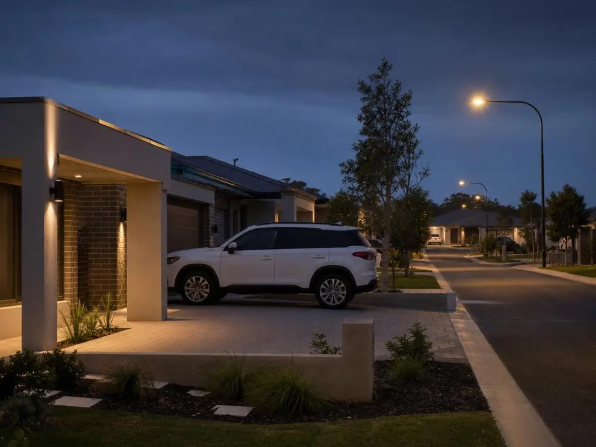 Illustrative pre-dawn estate street with young trees, warm streetlights and a white SUV beside modern homes