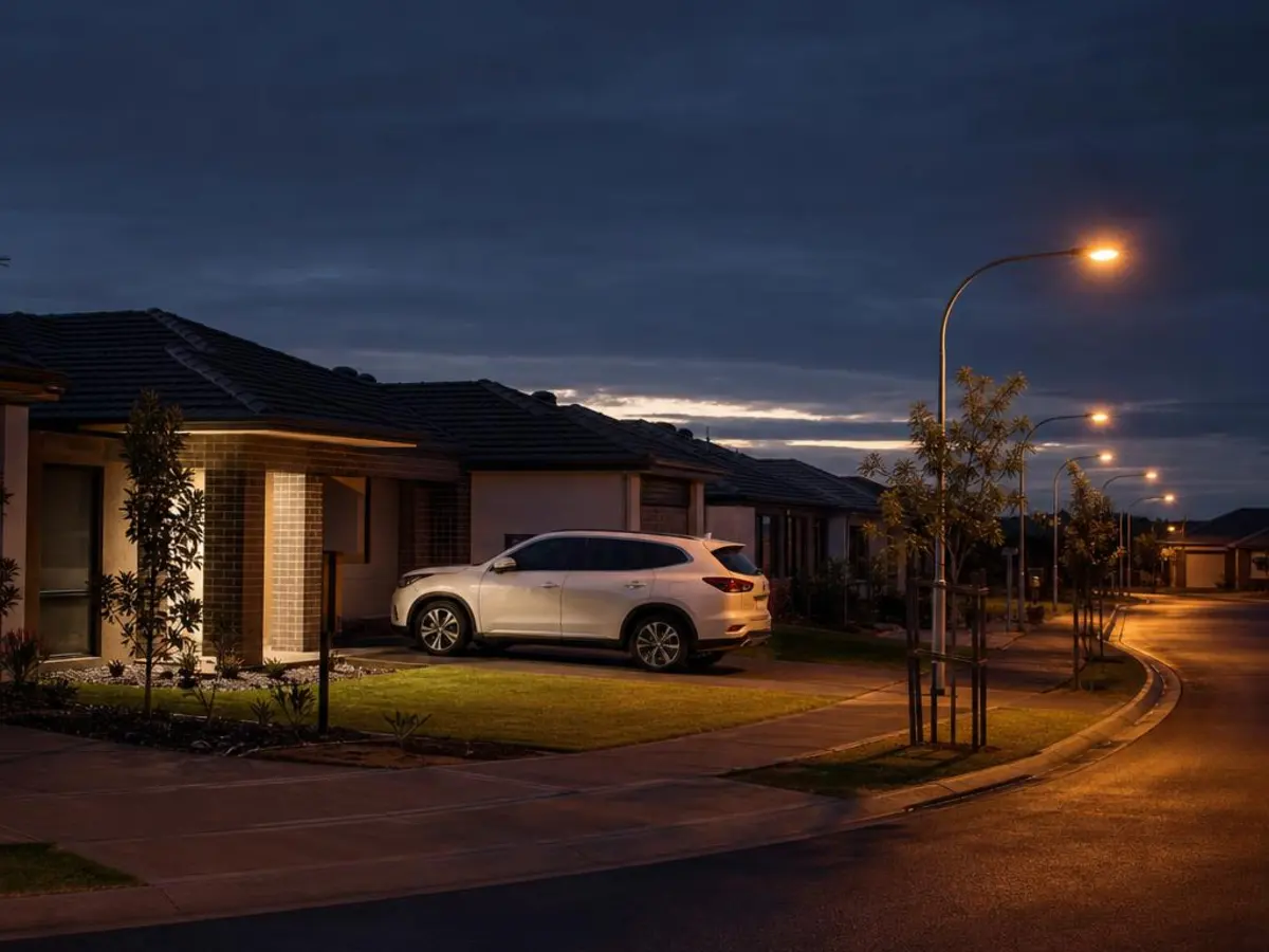 Illustrative new-estate cul-de-sac at dawn, with brick-and-render homes and a white SUV parked side-on