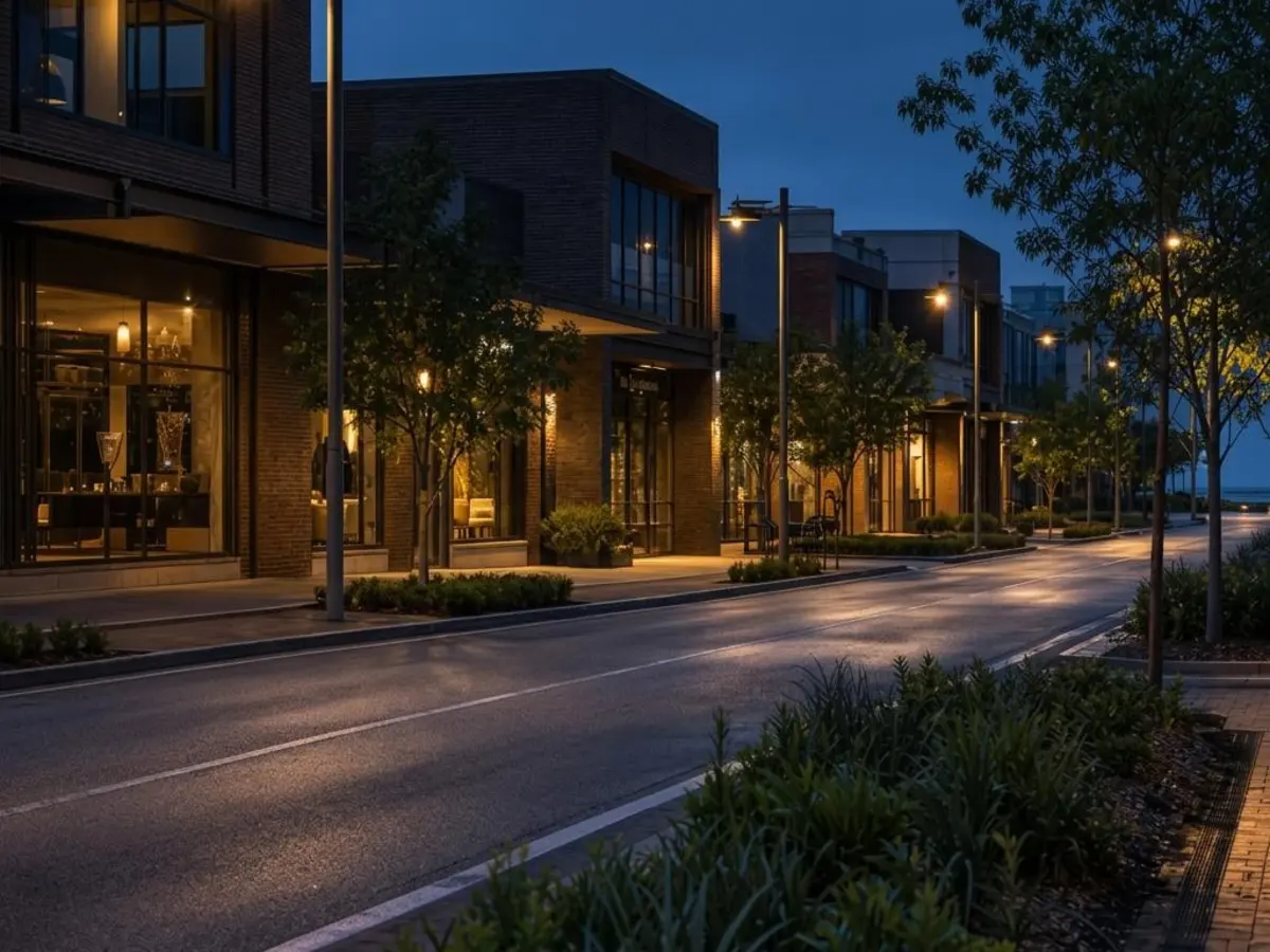 Illustrative pre-dawn town-centre streetscape with a planted median, low-rise buildings and lit windows