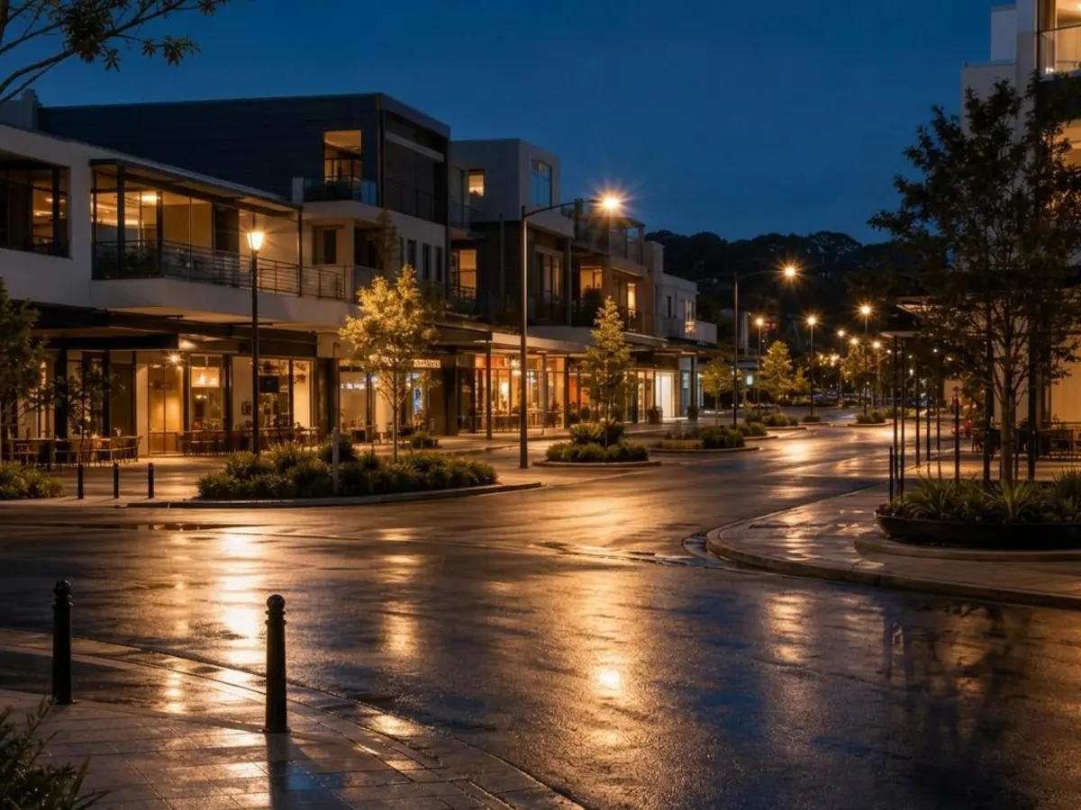 Illustrative town-centre intersection at blue hour, with broad roads, low-rise buildings and warm streetlights
